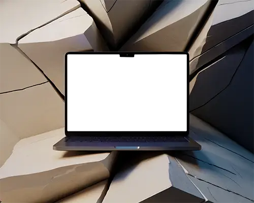 Macbook M3 Pro Mockup On Sculpted Sandstone Cracks With Angled Light And Modern Shadows Artistic And Architectural Scene