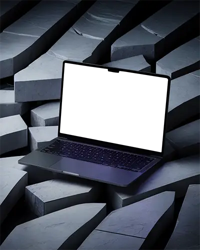 Macbook M3 Pro Mockup On Staggered Slate Tiles With Deep Blues And Geometric Shadows Edgy And Futuristic Environment