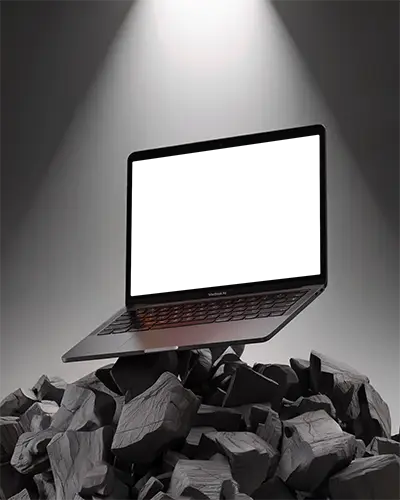 Macbook Air M1 Mockup Floating Above Charred Wooden Debris With Dramatic Spotlight High Contrast And Edgy Minimalism