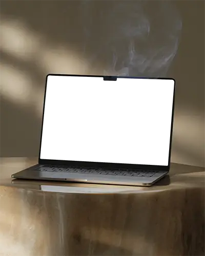 Macbook M2 Pro Mockup On Polished Stone Pedestal With Soft Shadows And Rising Smoke Earthy Tones And Elegant Light Play