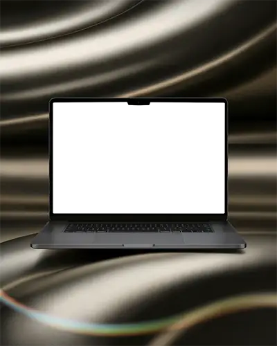 Macbook M2 Pro Mockup On Metallic Fluid Surface With Smooth Waves And Rainbow Reflections Luxurious And Futuristic Style