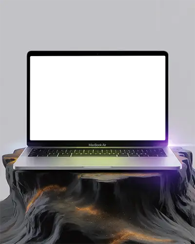 Macbook Air M1 Mockup On Eroded Magma Like Pedestal With Glowing Embers And Soft Color Gradients Sci Fi And Artistic Ambience