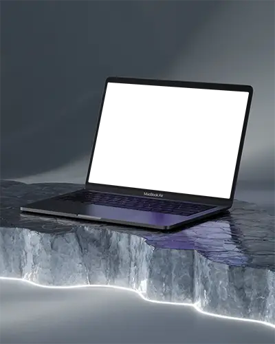 Macbook Air M1 Mockup On Crystalline Slab With Subtle Glow And Reflective Surroundings Cool Toned And Elegant Sci Fi Style