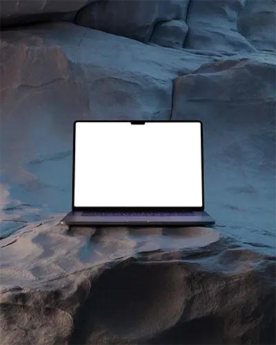 Macbook M1 Pro Mockup On Smooth Weathered Stone Surface With Cool Blue Light And Subtle Shadows Serene And Modern Nature Scene