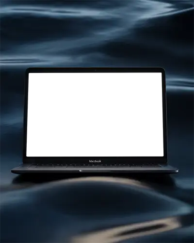 Macbook Air M1 Mockup Floating On Dark Glossy Liquid Surface With Gentle Ripples And Soft Highlights Serene And Futuristic Mood