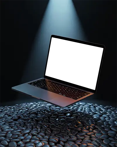 Macbook Air M1 Mockup Floating Above Wet Polished Pebbles Under Dramatic Spotlight Moody And Reflective Presentation Style
