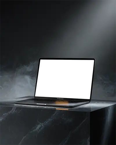 Macbook Air M1 Mockup On Black Marble Pedestal With Spotlight And Floating Smoke Dramatic And Premium Presentation Style