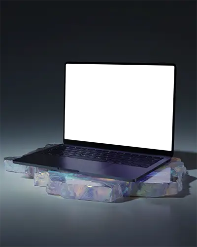 Macbook Air M1 Mockup On Iridescent Crystal Slabs With Subtle Color Shifts And Moody Lighting Futuristic And Artful Display Style