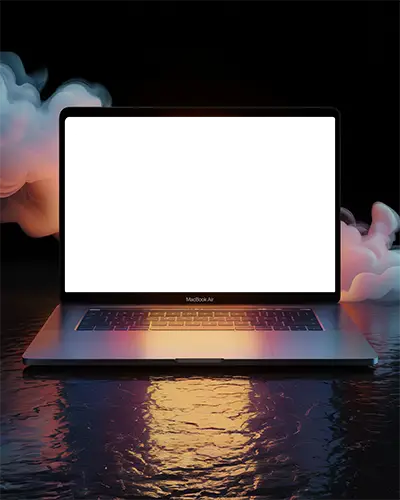 Macbook Air M1 Mockup On Glossy Liquid Surface With Warm Gradient Reflections And Colorful Smoke Dramatic And Immersive Night Scene