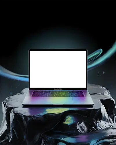 Macbook Air M1 Mockup On Liquid Gloss Pedestal With Rainbow Reflections And Cosmic Backdrop Vibrant And Otherworldly Visual Style