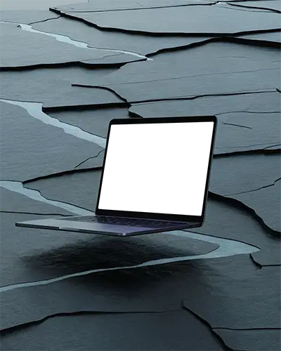 Macbook Air M1 Mockup Floating Above Layered Dark Slate Tiles With Organic Fractures Minimalist And Architectural Surface Style