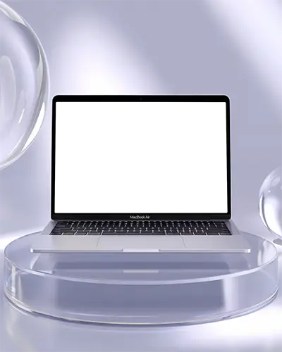 Macbook Air M1 Mockup On Transparent Acrylic Podium With Floating Glass Spheres Soft Purple Lighting And Futuristic Minimal Style
