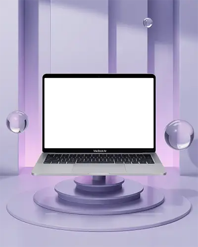 Macbook Air M1 Mockup On Geometric Podium In Pastel Purple Room With Floating Glass Orbs Modern Playful And Futuristic Showcase Style