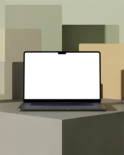 Macbook Air M2 Mockup On Minimal Podium With Geometric Color Blocks In Warm Neutral Tones Soft Shadows And Modern Studio Style