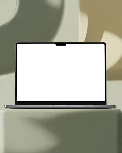 Macbook Air M4 Mockup On Soft Matte Pedestal With Abstract Sculptural Shapes And Subtle Earthy Shadows Modern Minimalist Exhibit Style