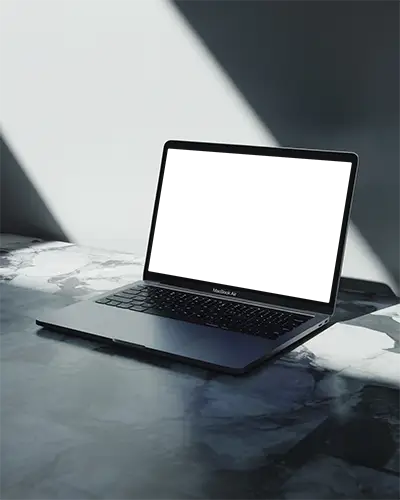 Macbook Air M1 Mockup On Dark Marble Surface With Angular Light Streaks And Soft Shadows Sophisticated And Modern Minimal Style