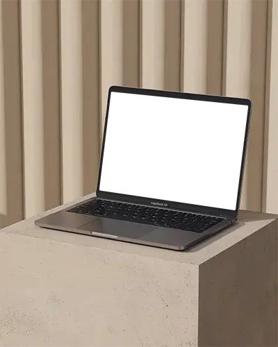 Macbook Air M1 Mockup On Beige Concrete Pedestal With Vertical Striped Background Warm Lighting Minimal And Stylish Setup