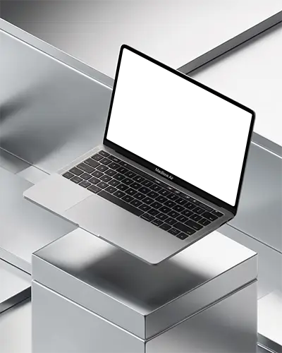 Macbook Air M1 Floating Above Silver Pedestal On Metallic Geometric Background Clean And Modern Tech Display
