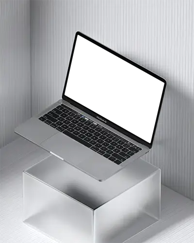 Macbook Air M1 Floating Above Transparent Glass Pedestal With Striped White Wall Background Minimalistic Modern Tech Scene