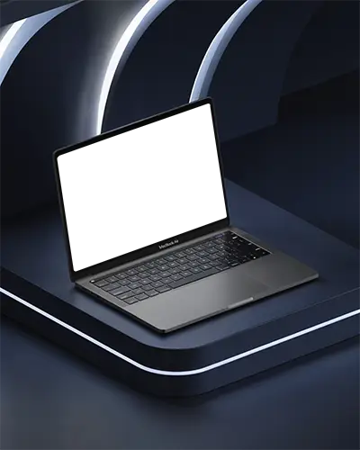Macbook Air M1 On Dark Blue Futuristic Platform With LED Accent Lighting Ultramodern Technology Showcase