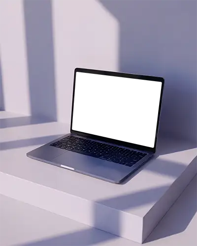 Macbook Air M1 On Pale Violet Platform With Soft Shadows And Minimal Light Beams Modern Clean Design Display