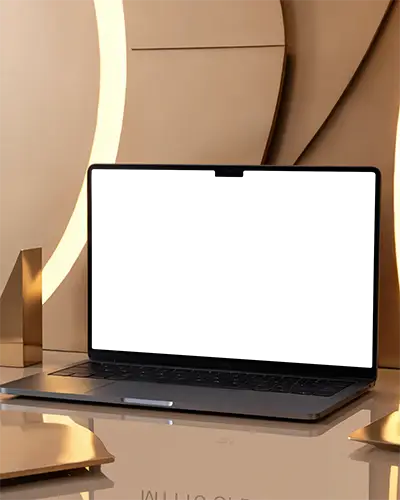 Macbook Pro M2 On Luxurious Gold Reflective Surface With Modern Abstract Background Soft Lighting And Stylish Environment