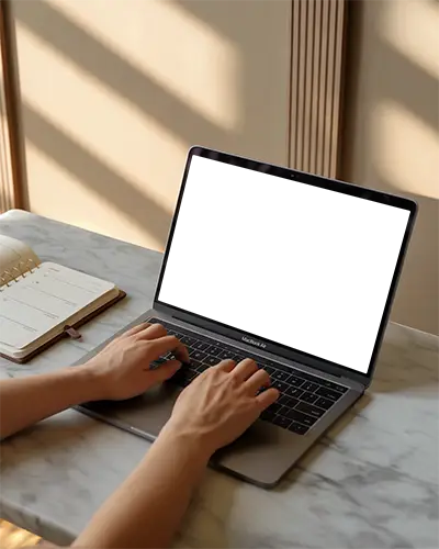 Macbook Air M1 Marble Desk Hands Typing Open Notebook Sunlight Panel Wall Background