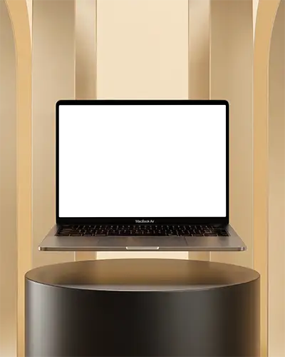 Macbook Air M1 Levitating Black Podium Golden Arches Backdrop Luxurious Display