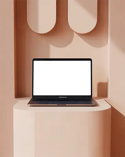 Peach Toned Architectural Display Macbook Air Mockup On Sculptural Podium Soft Shadows Modern Minimal Interior Aesthetic