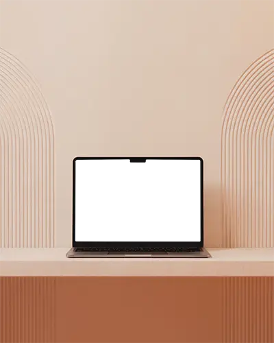 Macbook M2 Pro Mockup On Peach Sandstone Shelf Against Arched Texture Wall Soft Neutral Lighting Modern Interior Display