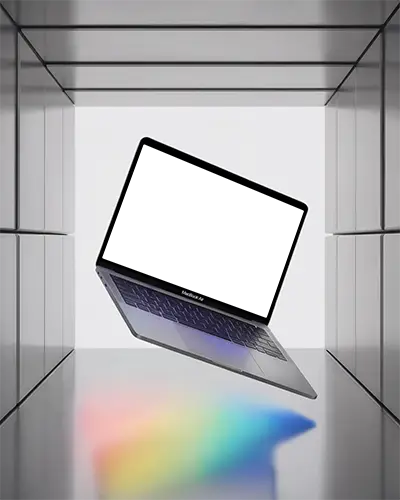 Macbook Air M1 Mockup Floating In Metallic Room Rainbow Reflection On Floor Futuristic Studio Lighting Modern Tech Display