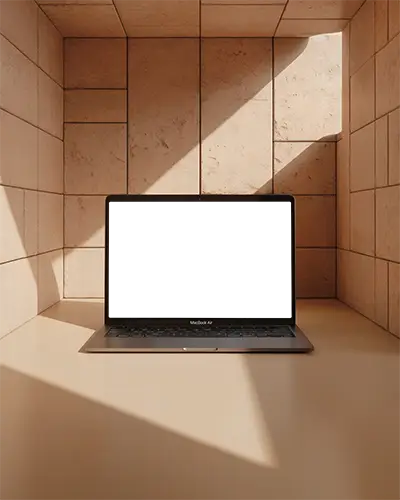 Macbook Air M1 Mockup Warm Toned Sunlit Terracotta Cube Space Architectural Shadows Minimal Design Presentation Showcase