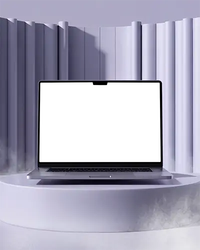 Macbook Pro M1 Mockup Minimal Violet Curved Background Soft Smoke Effect Podium Display Modern Ambient Lighting Tech Presentation