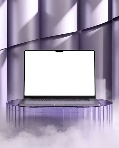 Macbook Pro M2 Mockup Glass Podium Violet Curved Wall Background Swirling Fog Dramatic Lighting Luxurious Modern Showcase