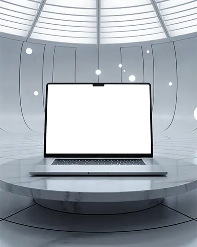 Macbook Pro M3 Mockup On Circular Marble Podium In Futuristic Dome Space Glowing Orbs Cool Lighting Sci Fi Environment Modern Design