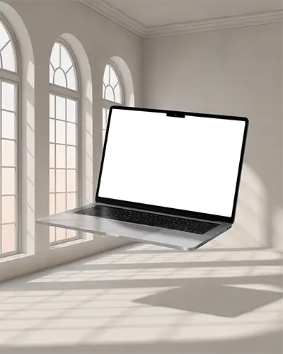 Macbook Pro M4 Mockup Floating In Elegant Arched Window Room Soft Daylight Shadow Cast On White Interior Modern Studio Vibe