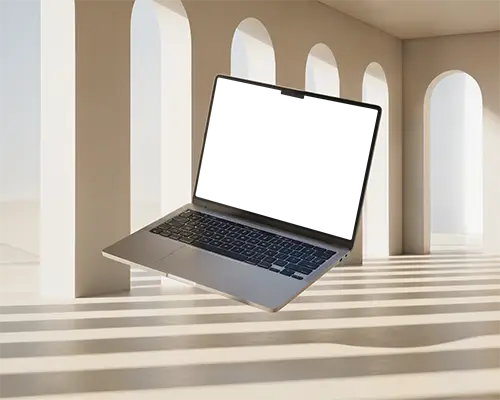 Macbook Pro M2 Mockup Floating In Arched Corridor Soft Sunlight Stripes On Floor Minimal Architectural Light Beige Interior Scene