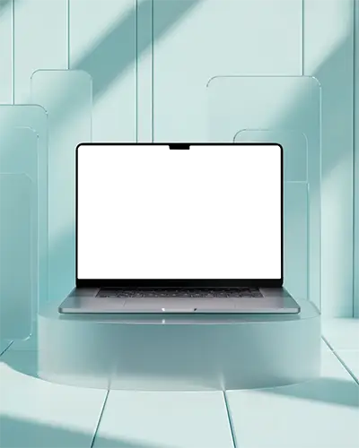 Macbook Pro M2 Mockup On Glossy Aqua Podium In Pastel Room With Translucent Panels Minimal Light Filled Setup Futuristic Vibe