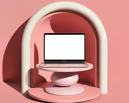 Macbook Air M1 Mockup In Modern Arched Display Niche With Pink And Ivory Tones Round Platforms Soft Shadows Minimal Aesthetic