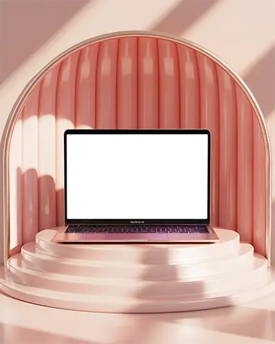 Macbook Air M1 Mockup In Modern Arched Pink Display Niche With Layered Round Platforms Soft Shadows Minimal Aesthetic