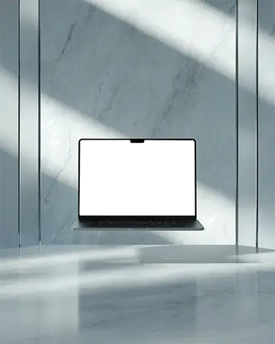 Macbook Pro M2 Mockup In Minimalist Blue Marble Room With Natural Light Clean Aesthetic
