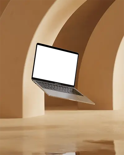 Macbook Air M1 Mockup In A Warm Arched Terracotta Interior With Reflection And Natural Light