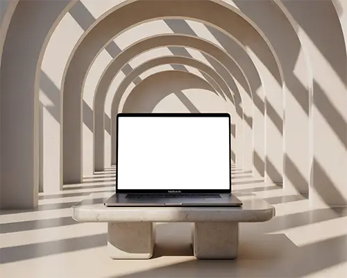 Macbook Air M1 Mockup In Sunlit Modern Arched Concrete Niche With Soft Warm Light Round Stone Pedestal Minimalist Design