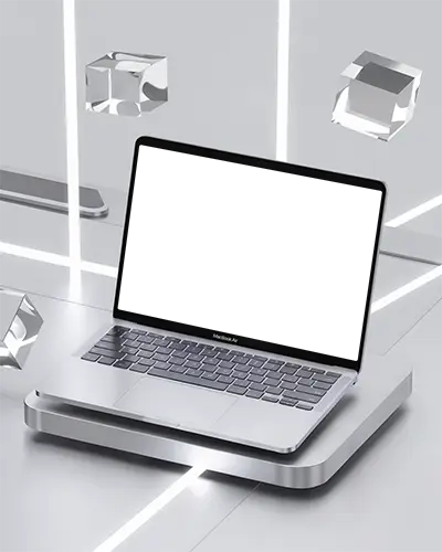 Macbook Air M1 Mockup In Futuristic Minimalist Silver White Studio With Floating Glass Cubes And Led Light Lines Modern Tech Ambience