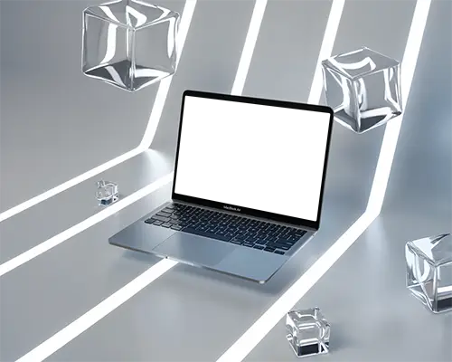 Macbook Air M1 Mockup In Futuristic Minimalist Studio With Floating Glass Cubes And Led Light Lines Cool Silver Blue Tones Modern Tech Ambience