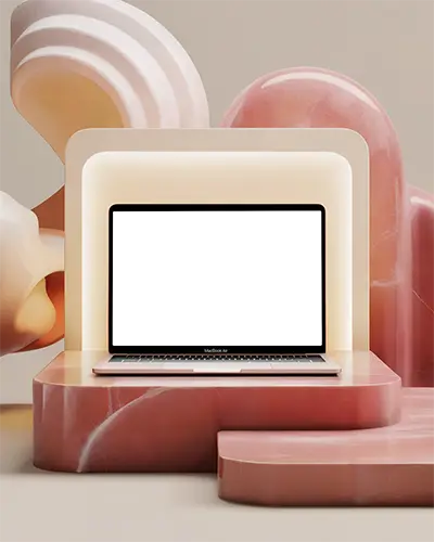 Macbook Air M1 Mockup In Soft Pastel Abstract Sculptural Display With Pink Beige Marble Round Steps And Glowing Frame Warm And Cozy Aesthetic