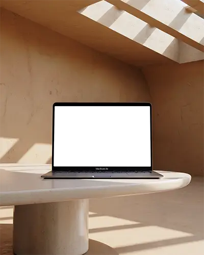 Macbook Air M1 Mockup In Arched Sunlit Room With Earth Tones Sculpted Table Curved Wall Calm And Natural Lighting Minimalist Design