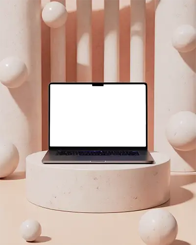 Macbook M3 Pro Mockup In Minimalist Pastel Niche With Rounded Platforms And Floating Spheres Soft Warm Tones Cozy Aesthetic