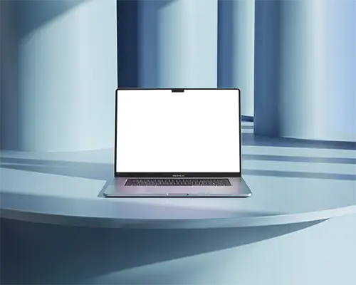 Macbook Air M3 Mockup In Curved Sleek Blue Modern Architectural Niche Soft Shadows Clean Minimalistic Design