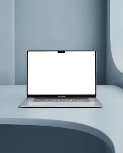 Macbook Air M3 Mockup In Sleek Soft Blue Modern Curved Niche Minimalistic Design Smooth Textured Platform Clean Lighting